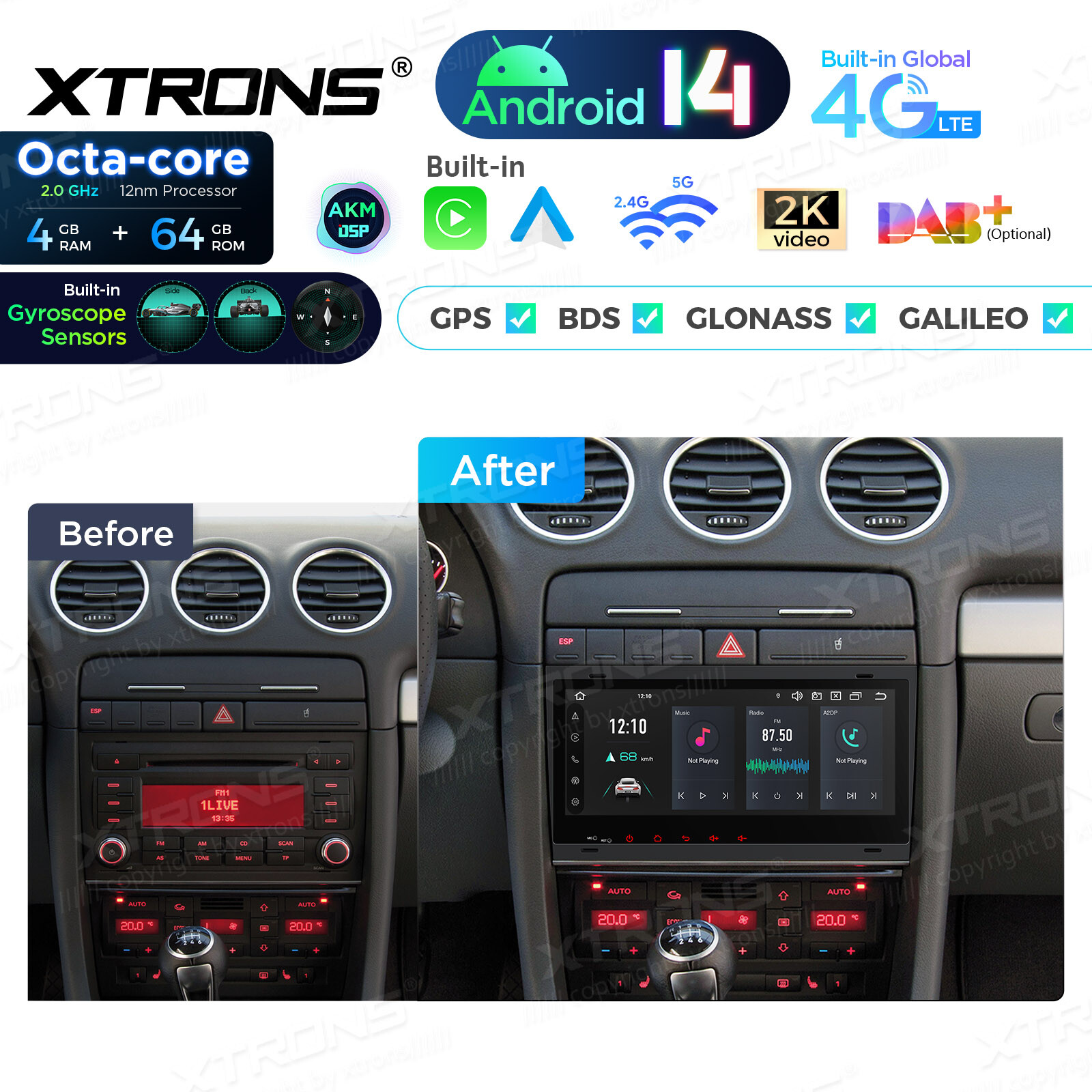 8.8″ Android 14 8-Core 4+64GB Car GPS Stereo Radio Sat Nav For Audi A4 S4 RS4 B6
