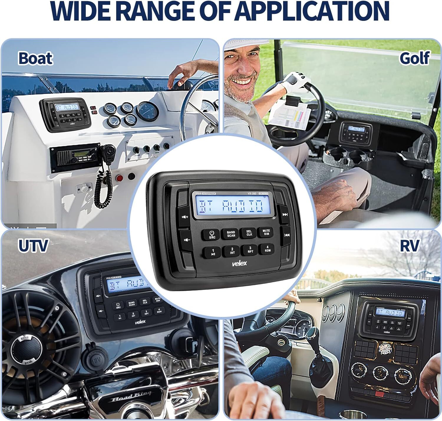 Velex Marine Bluetooth Streaming Stereo Radio AM FM Tuner 4-Channel x 45W