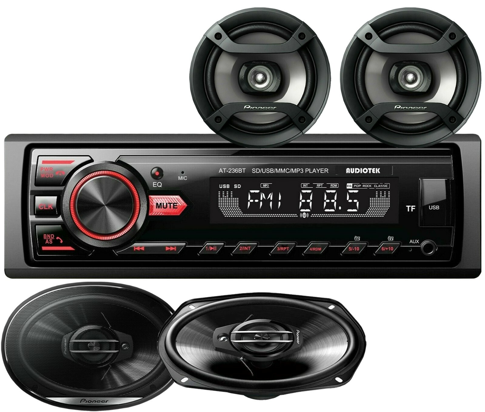 Pioneer 6×9″ & 6×5″ Four Speakers + Audiotek Car Audio Stereo Bluetooth Receiver