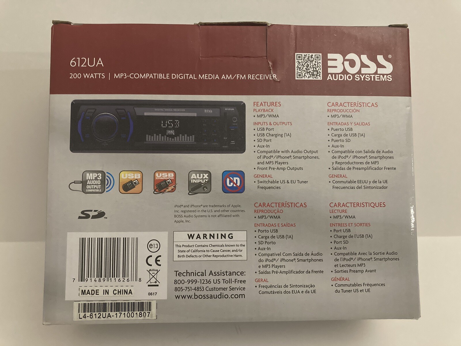 BOSS AUDIO 612UA MP3-Compatible Media am/fm Reciever 200 Watts 4 channel. NEW.