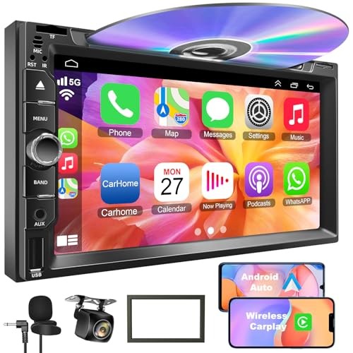 Double Din Car Stereo with CD/DVD Player, 7-Inch Touch Screen, Bluetooth 5.2