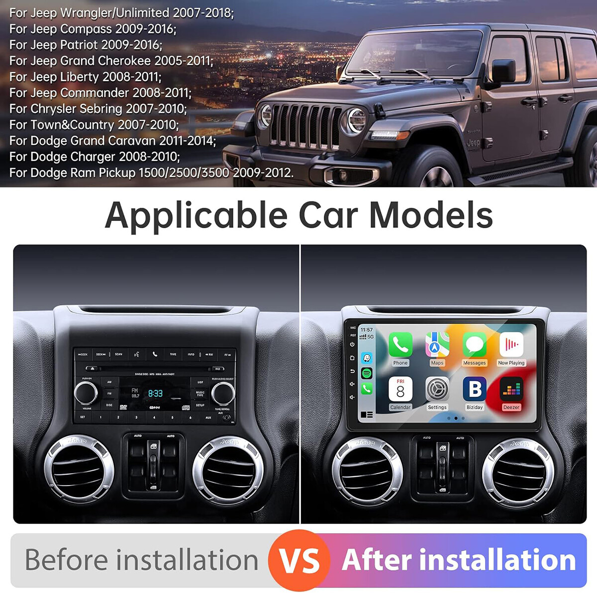 For 2007-2016 Jeep Unlimited Wrangler Stereo Radio Player GPS 10.1″ Android 12