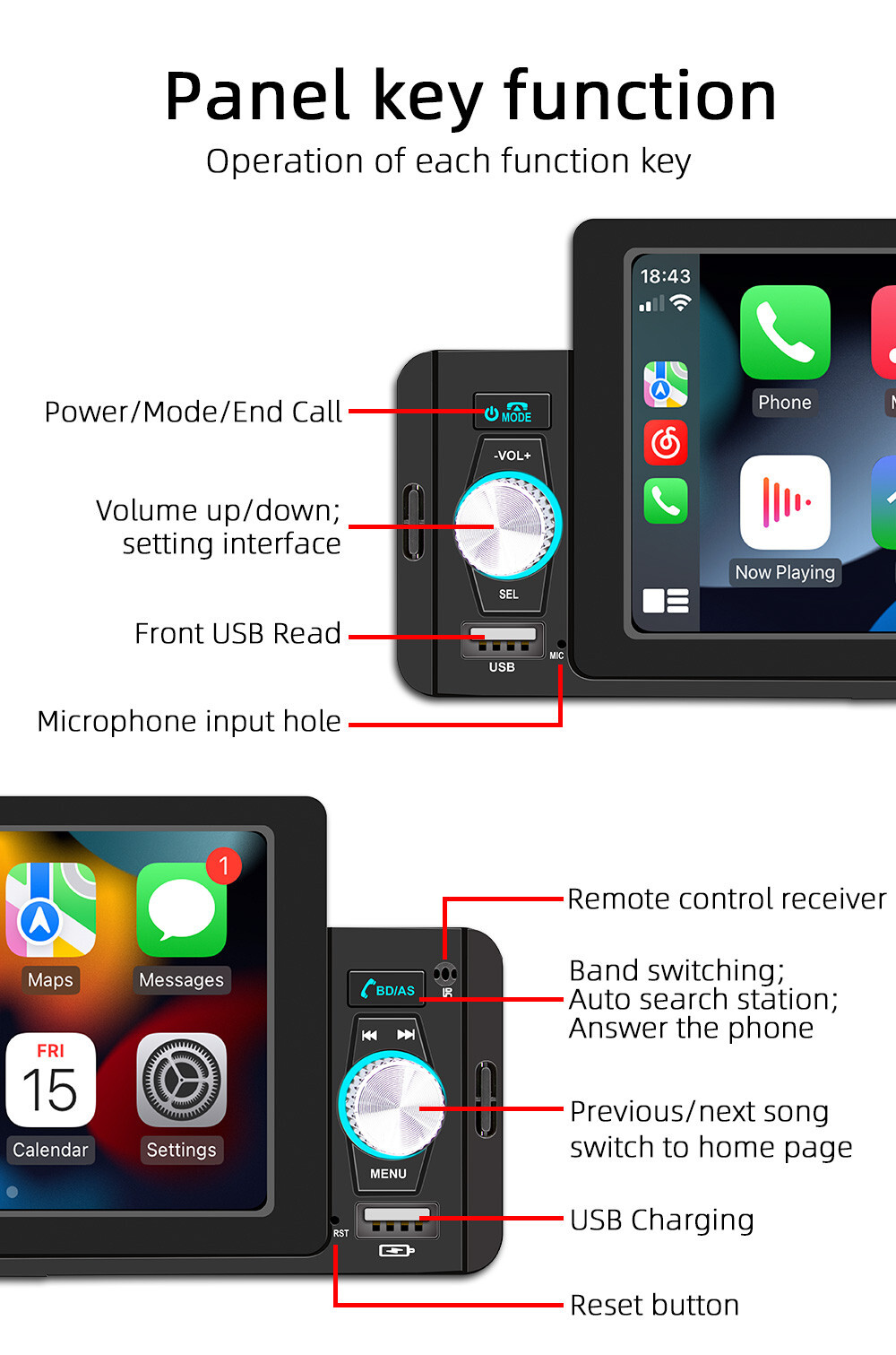 5in Car Radio Stereo MP5 Multimedia Player For Carplay Android Auto Mirror Link