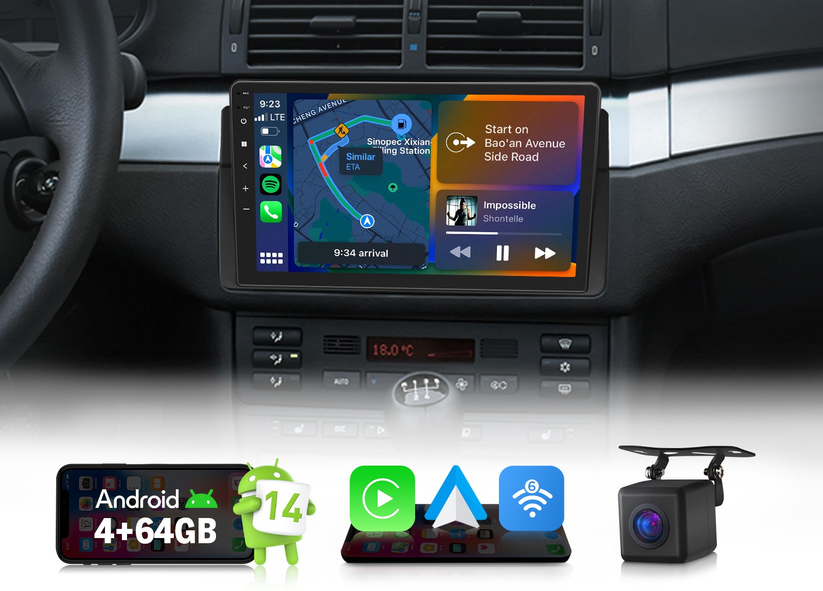 9″ Android 14 4+64 Car Stereo Apple CarPlay Bluetooth for BMW E46 320i 325i 330i