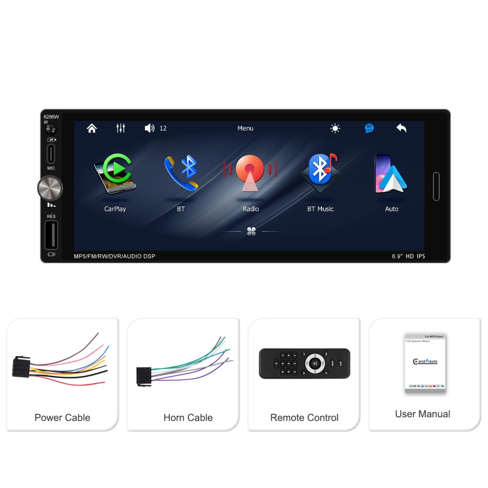 6.9” Single 1 Din USB Car Stereo Apple CarPlay touchscreen Bluetooth Radio SWC