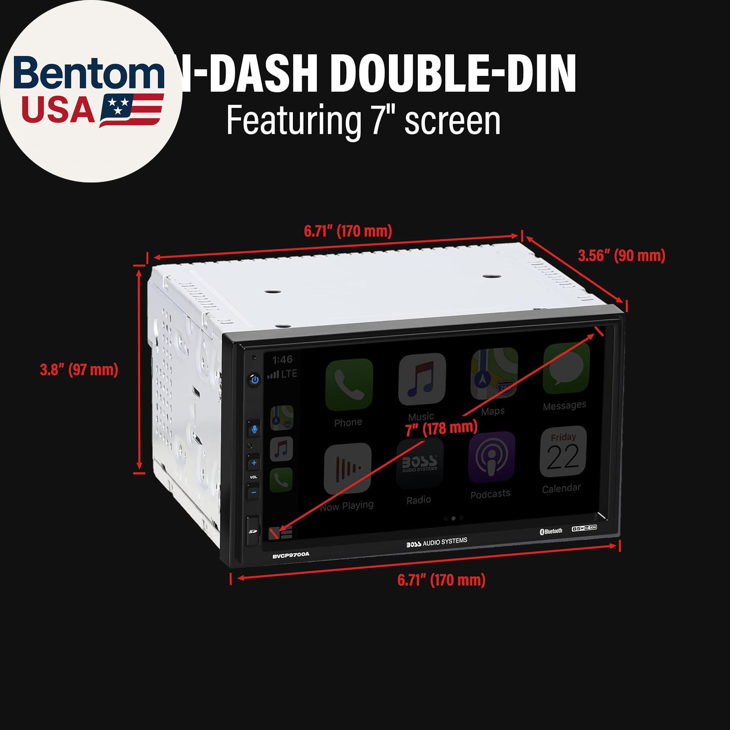 BVCP9700A-C Car Stereo System – Apple Carplay, Android Auto, 7 Inch Double Din,