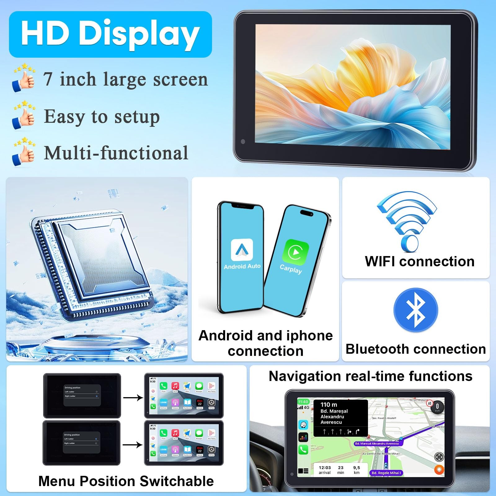Pantalla Portatil De 7 Pulgadas Con Android Auto Y Navegacion GPS Lujo