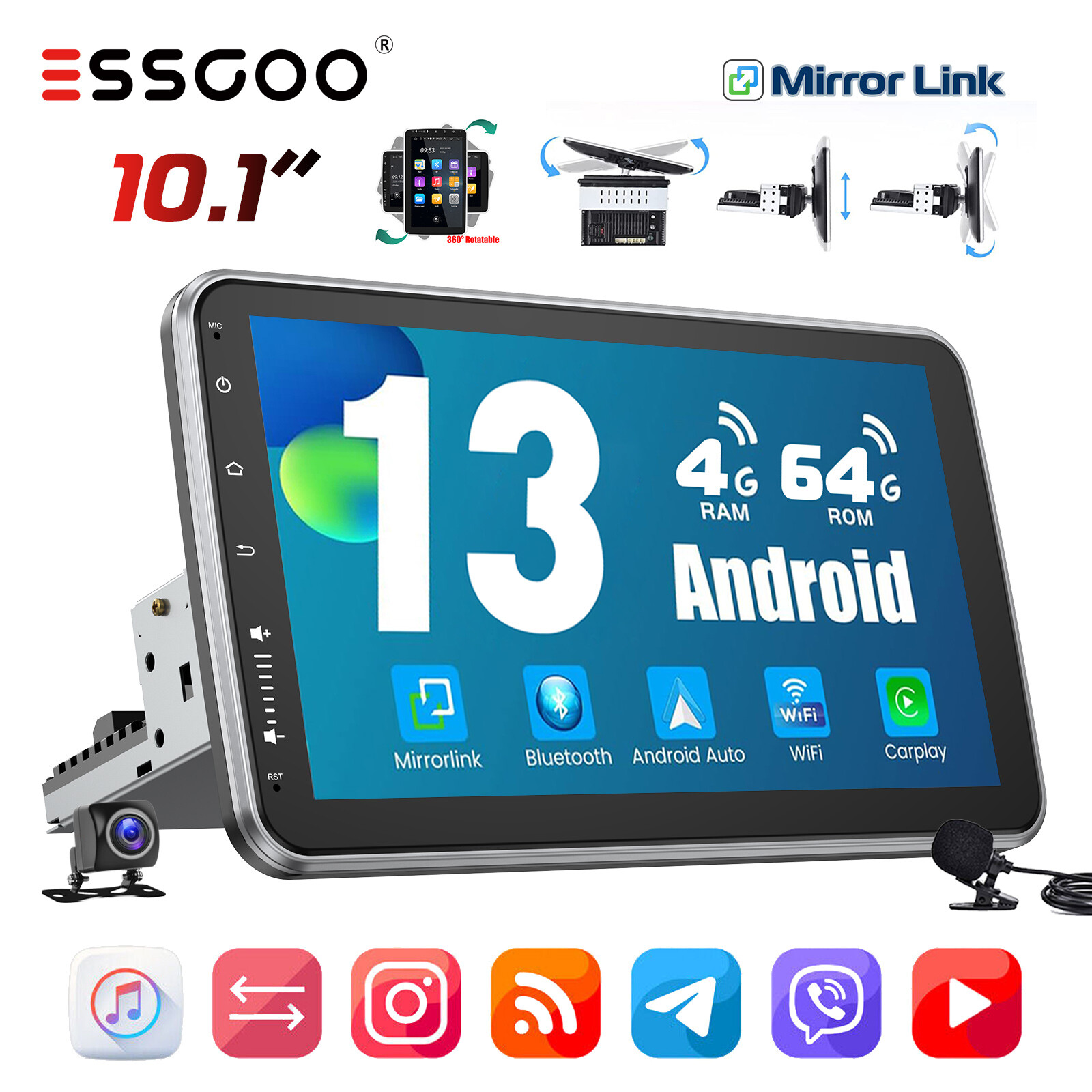 10″ Rotatable Car Stereo Radio 1 DIN Android 13 4+64G Carplay GPS Navigation Cam