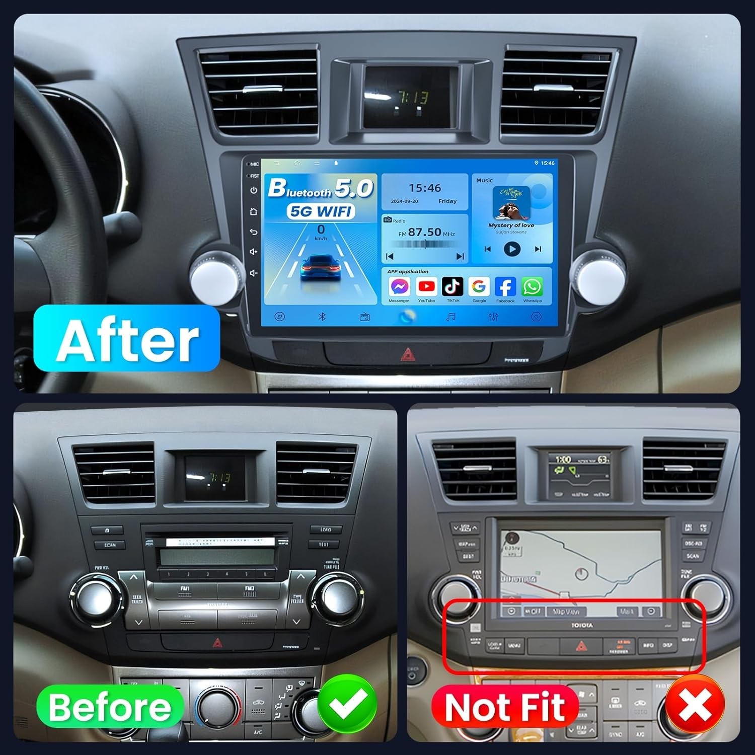 Radio Carplay For 2008-2013 Toyota Highlander EQ Cam FM RDS Backup Cam Head Unit