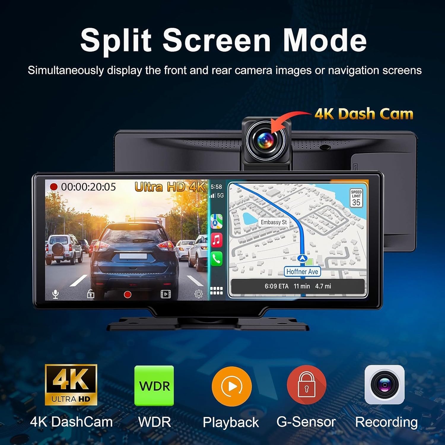 Portable 9.3-Inch Wireless Apple Carplay Screen for Car with Auto Brightness, 4K