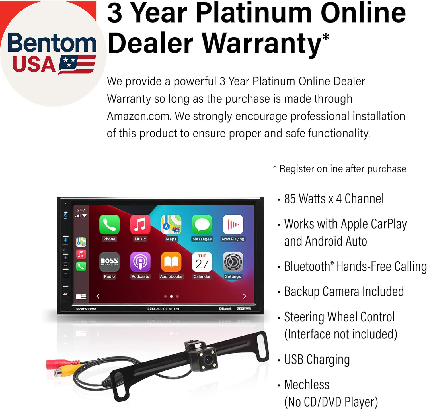 BVCP9700A-C Car Stereo System – Apple Carplay, Android Auto, 7 Inch Double Din,