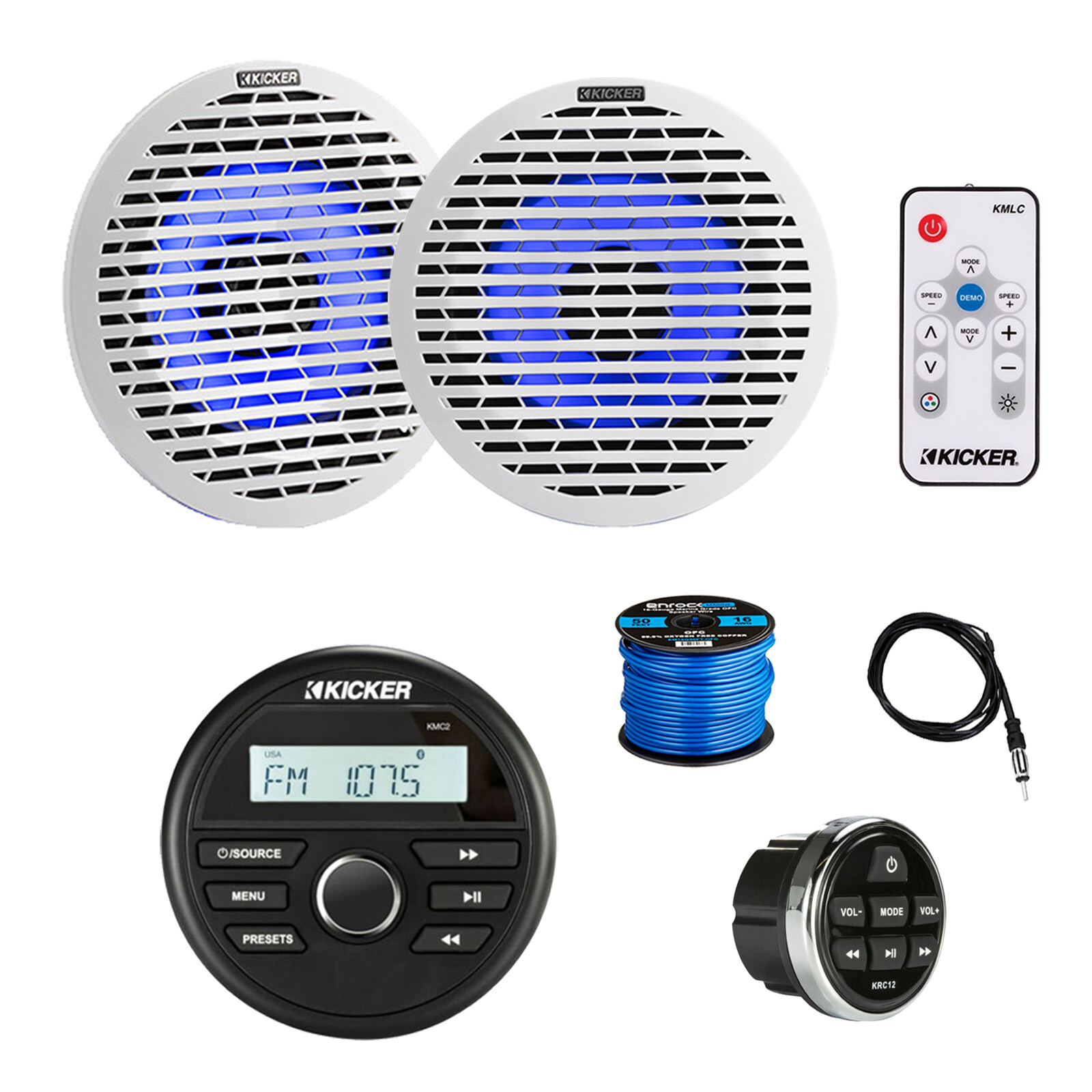 Kicker Marine Receiver, Remote, 2x 6.5″ LED Speaker, Grille, Wire,Antenna,Remote