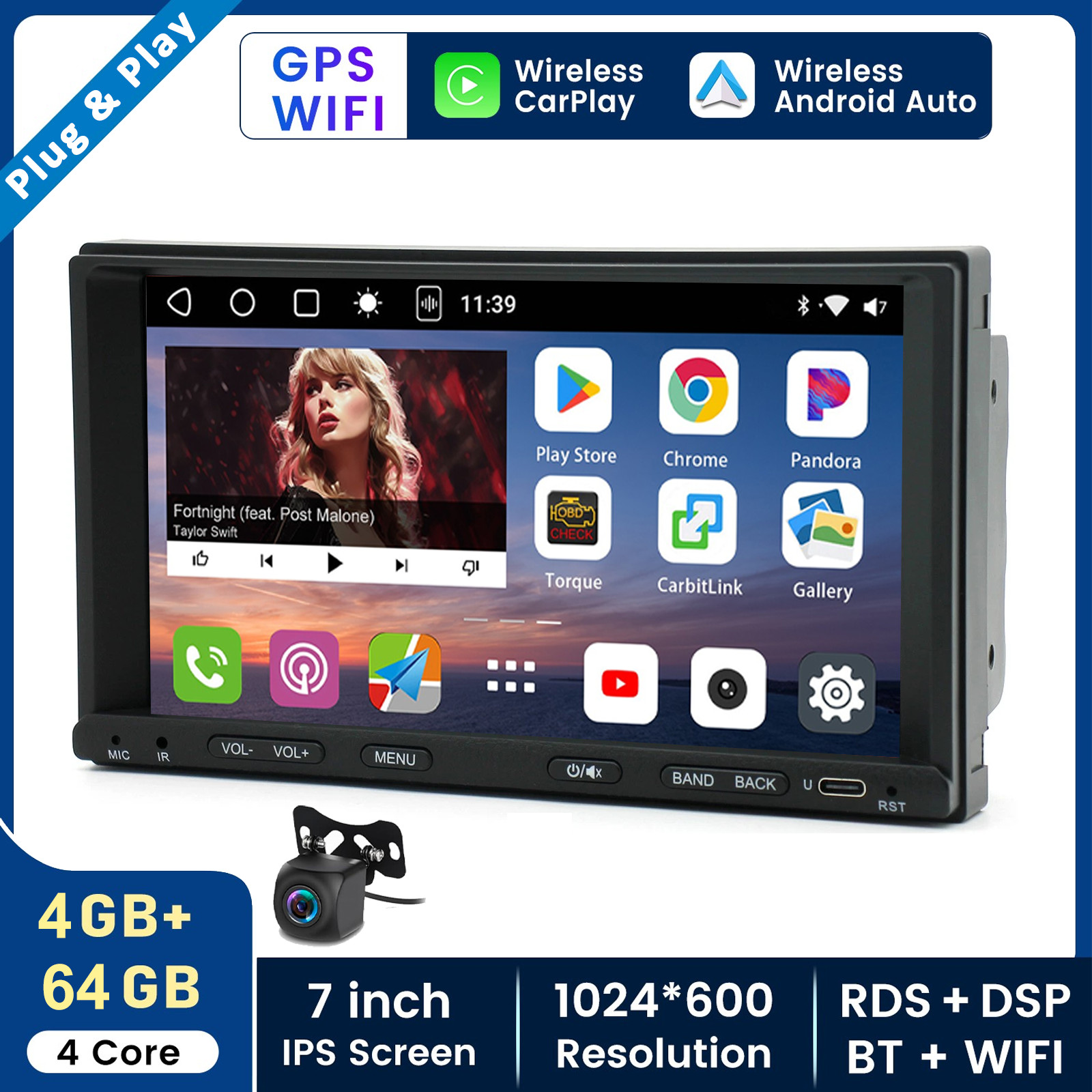 CAM+ 7 Inch 4+64GB Double 2 Din Car Stereo Carplay Android 15 Radio GPS Sat Navi