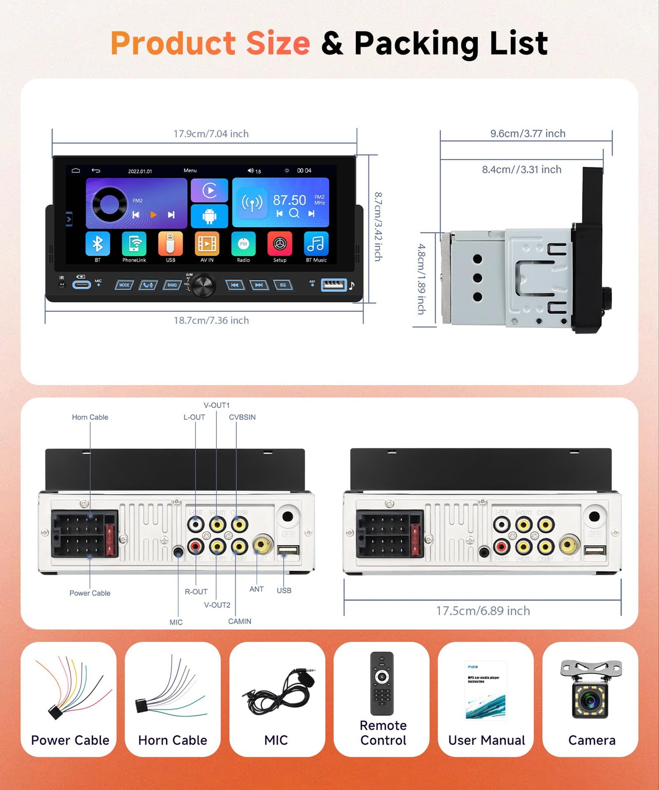 Car Stereo Single Din Wireless Carplay 6.86 inch Touch Screen Android Auto, C…