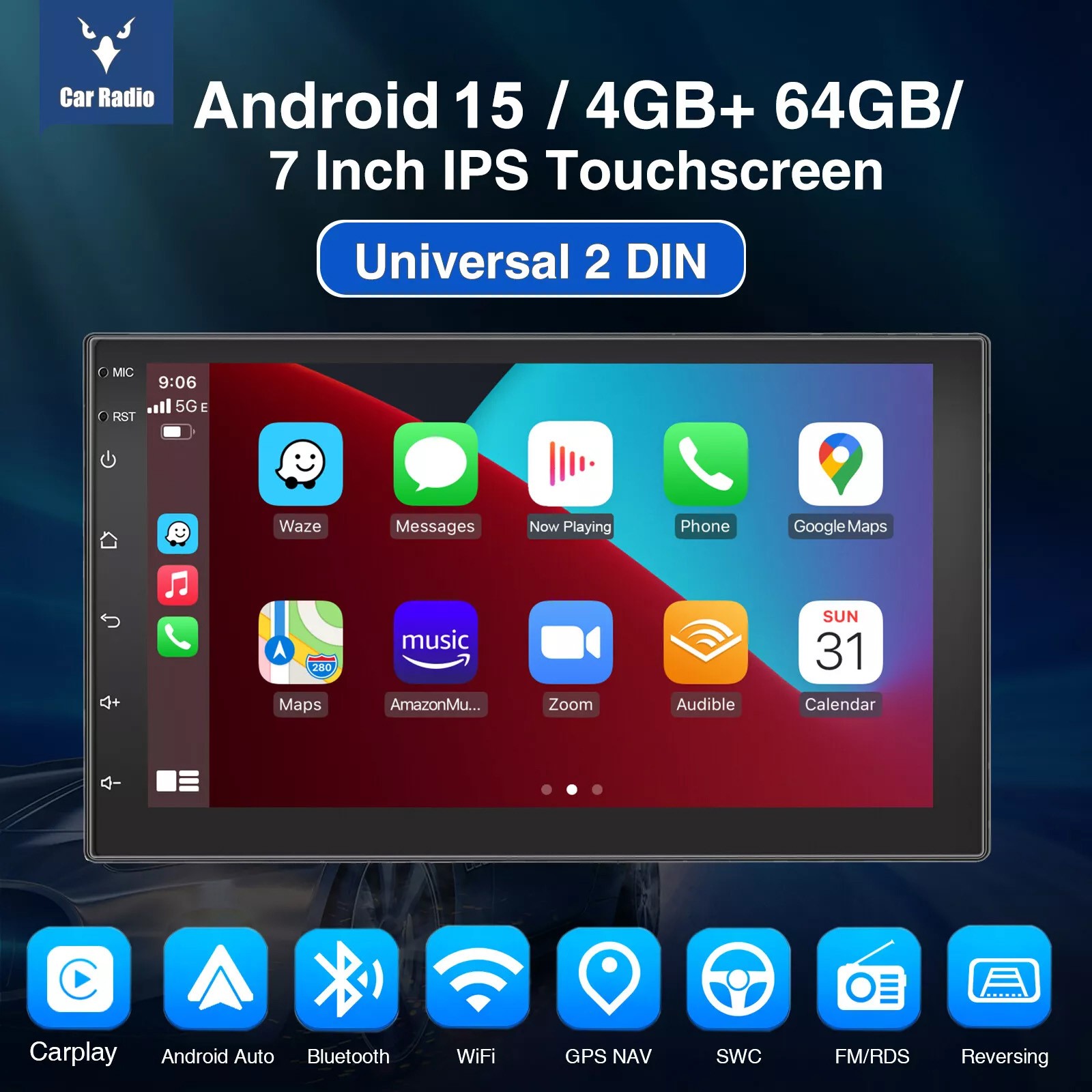 7” Double 2 DIN 64G CarPlay Android 15 Car Stereo Touch Screen GPS 64GB Camera