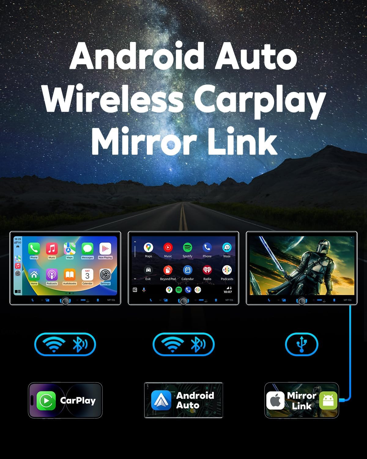 Single Din Car Stereo Wireless Apple Carplay Android Auto Radio, 10.1″ Car Play
