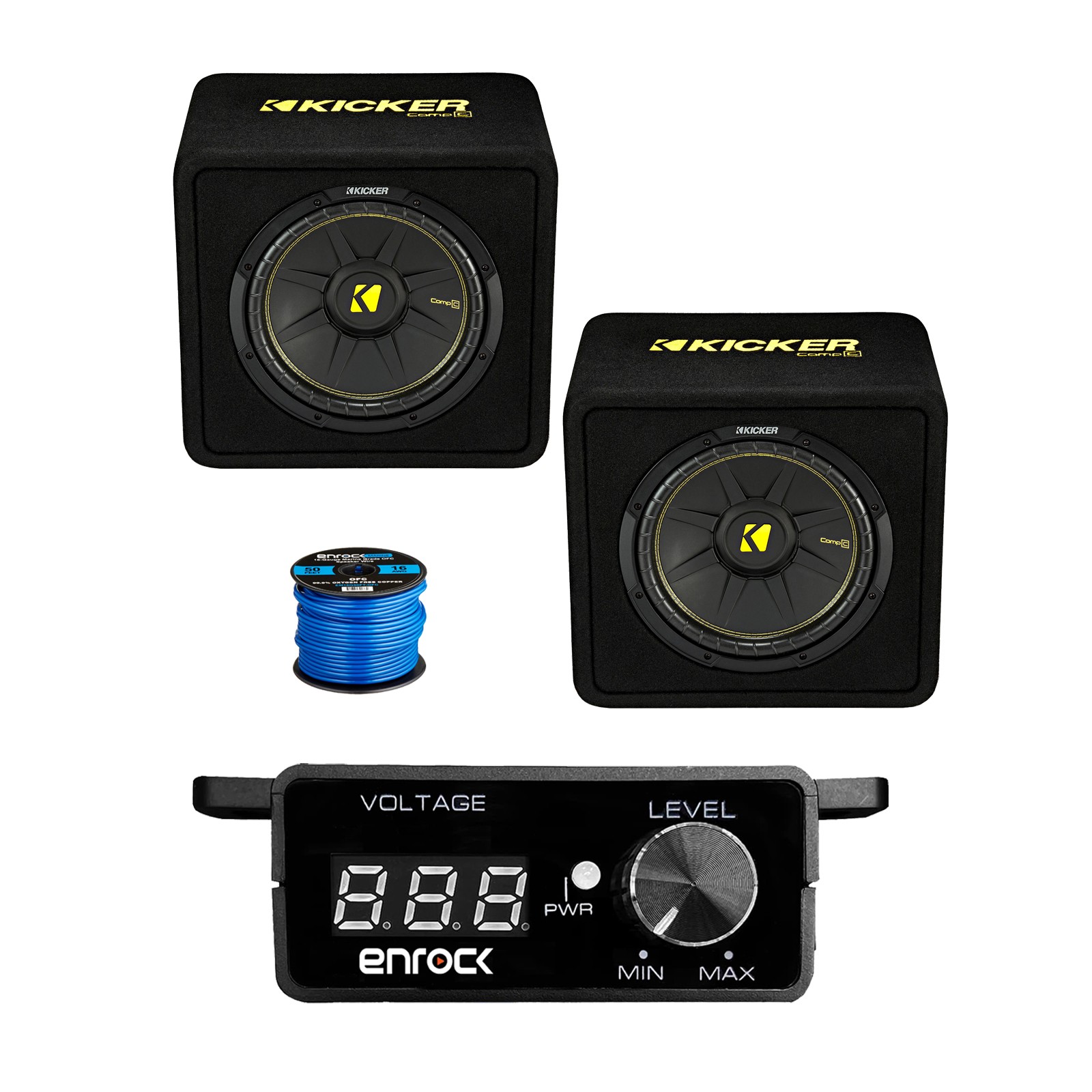 1 Pair (Qty 2) of Kicker 12″ 600 Watt Car Subwoofer Enclosure, Bass Knob w/ Wire