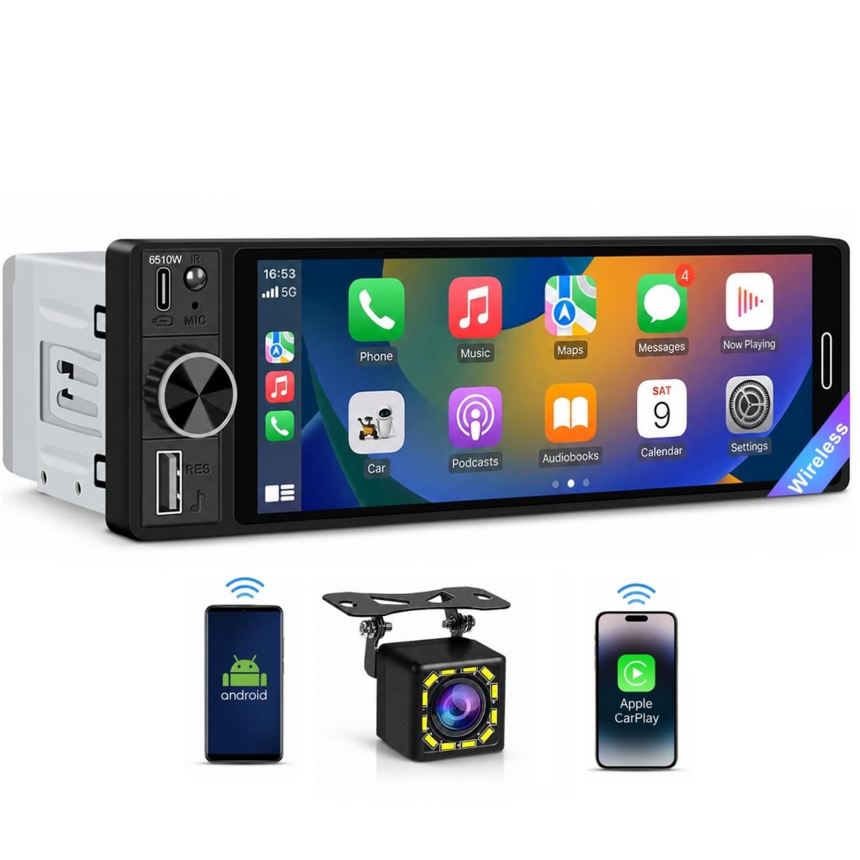 6.5″ Wireless Single Din Car Stereo with Apple CarPlay, 720×1280 HD in-Cell T…