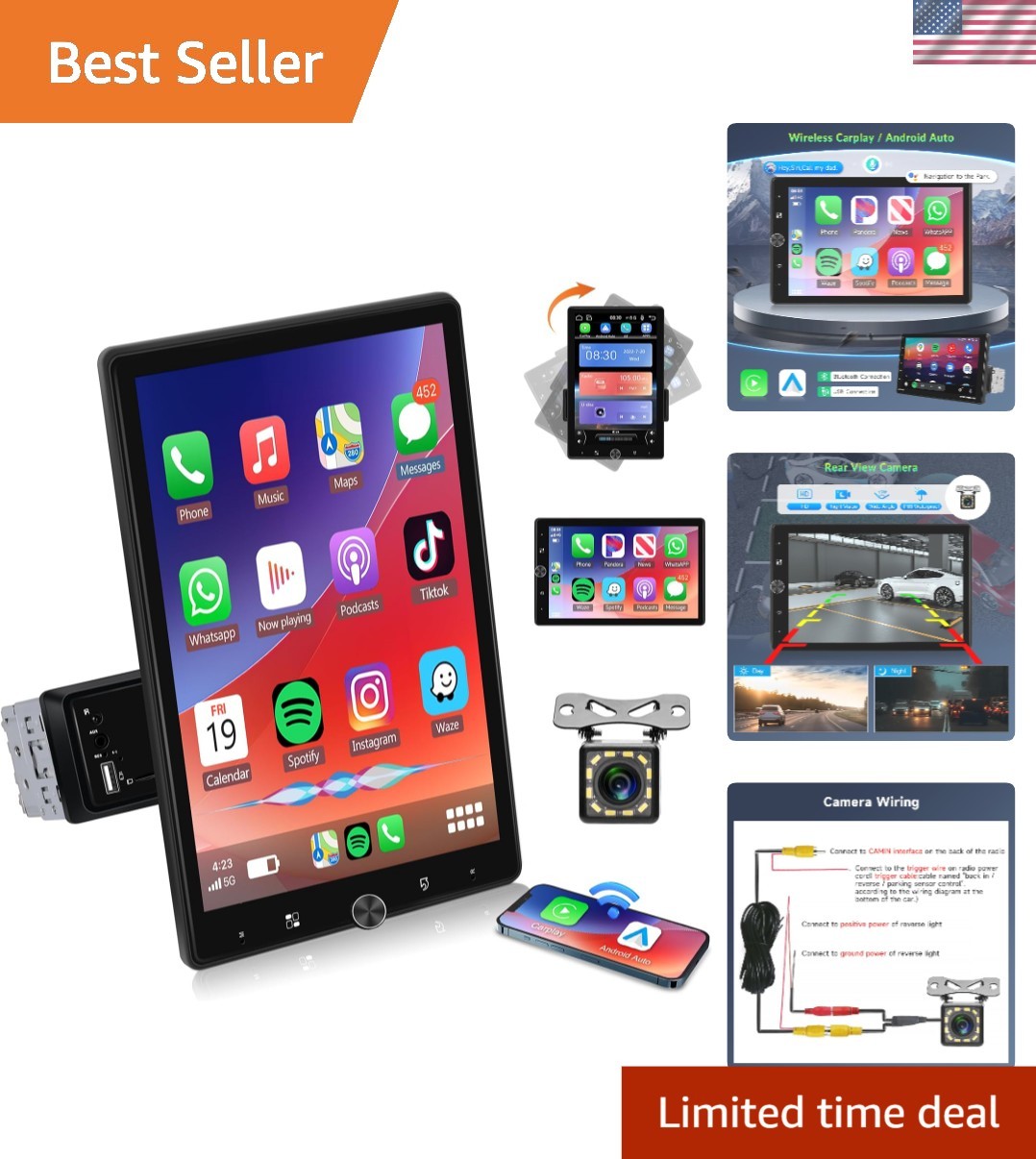 10.4″ Single Din Touchscreen Car Stereo with Wireless Carplay& Android Auto, …