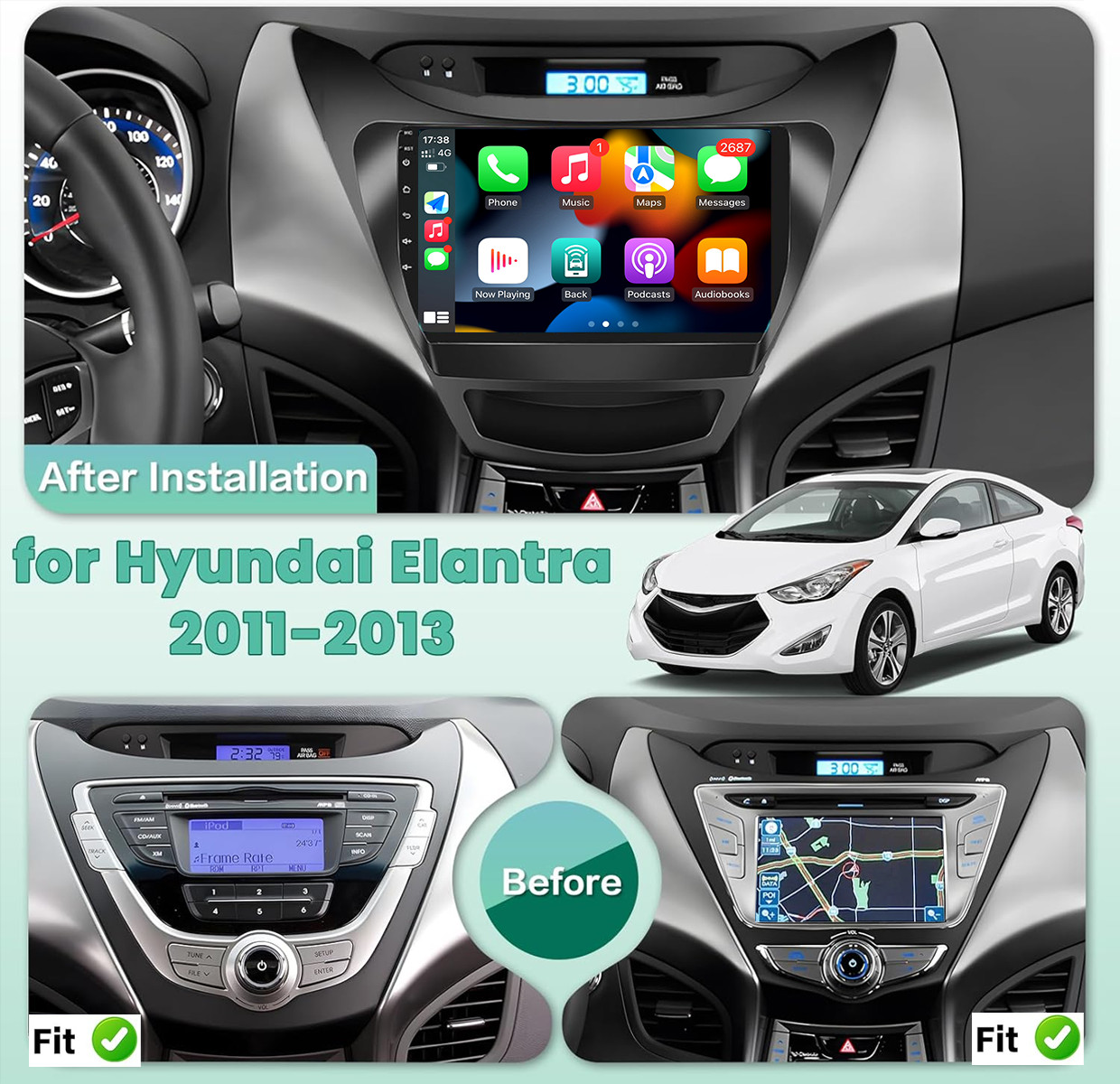 For Hyundai Elantra 2011 2012 2013 Apple Carplay Android 15 Car Radio GPS 4+64G