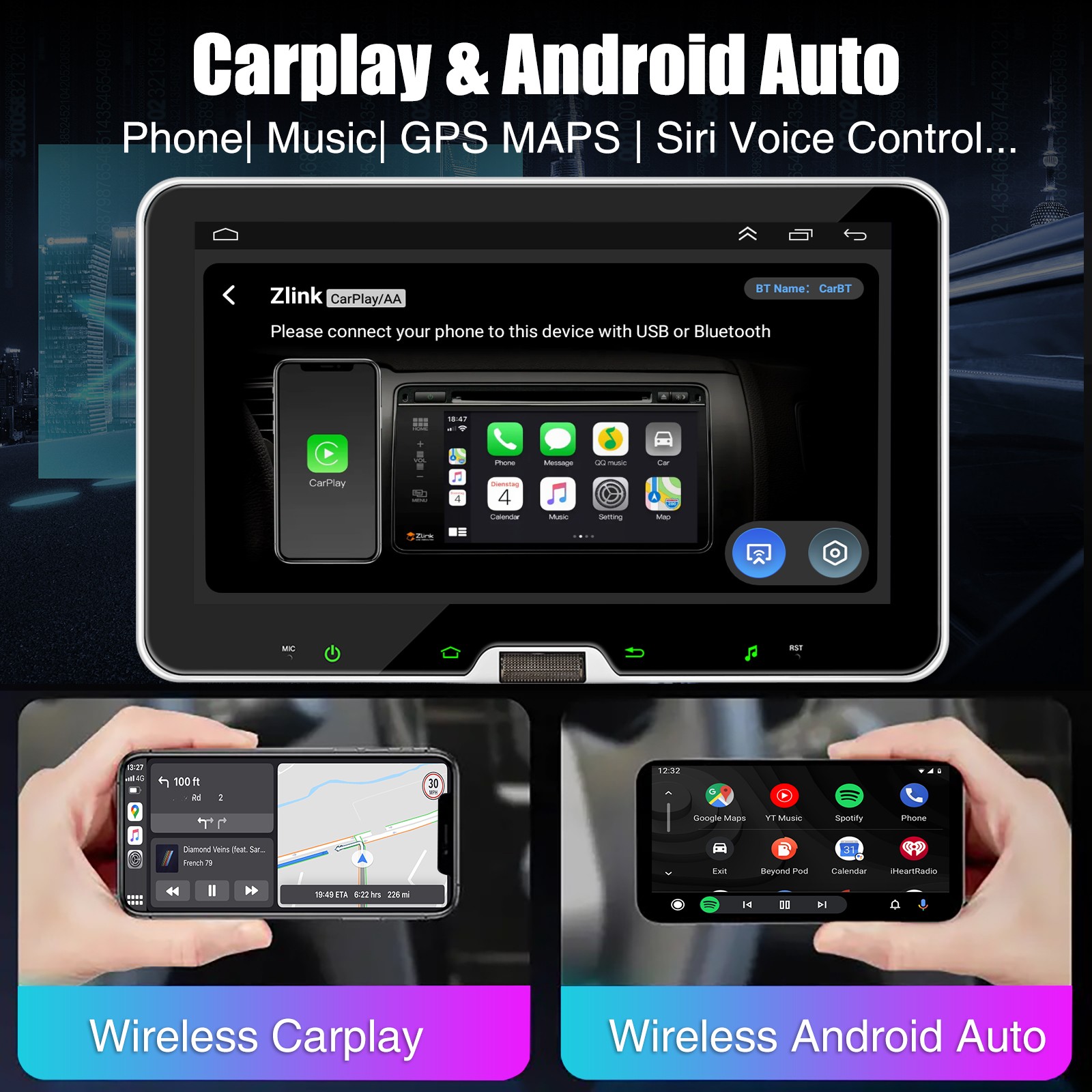 10″ 1 Din Car Stereo with CarPlay and Android Auto, Rotatable Touch Screen Radio