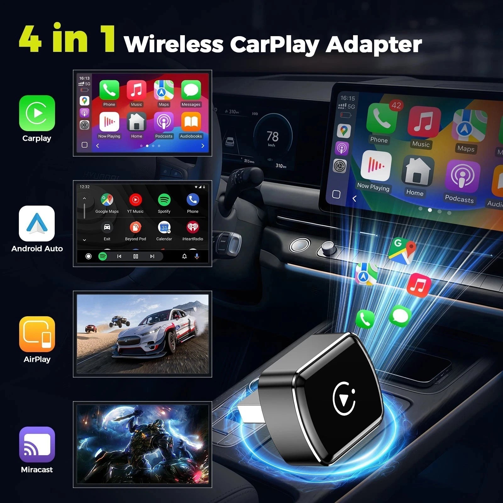 4 in 1 Carplay Wireless Adapter for iPhone Android USB Car Dongle Plug & Play