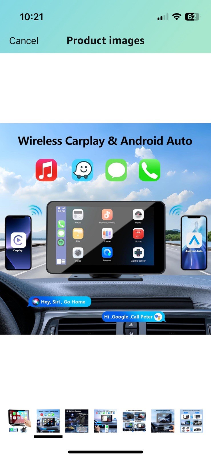 Portable Wireless Apple CarPlay and Android Auto 7″ IPS Touch Screen for Car