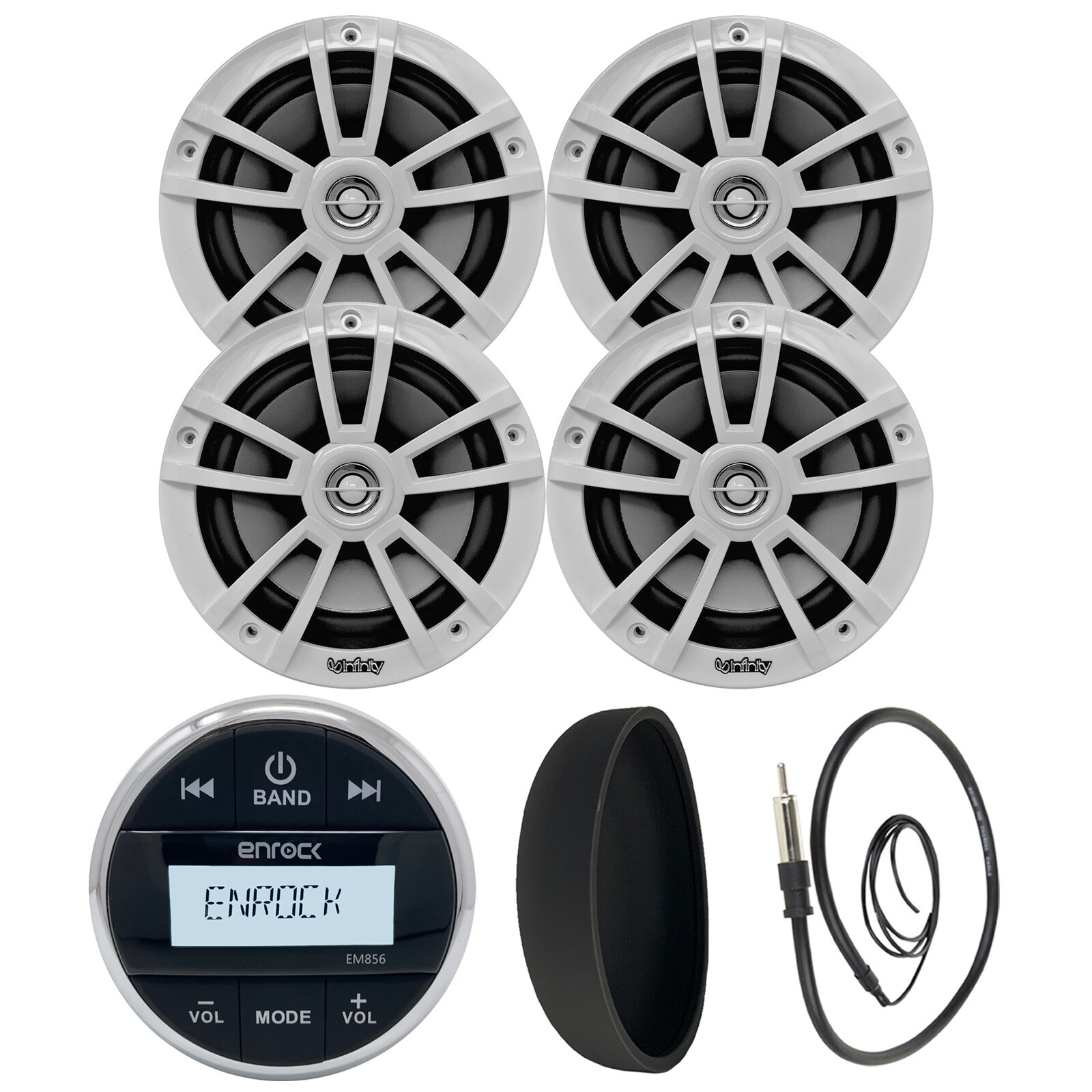 Enrock EM856 Receiver, 4x 6.5″ White Marine Speakers, Antenna, Radio Cover