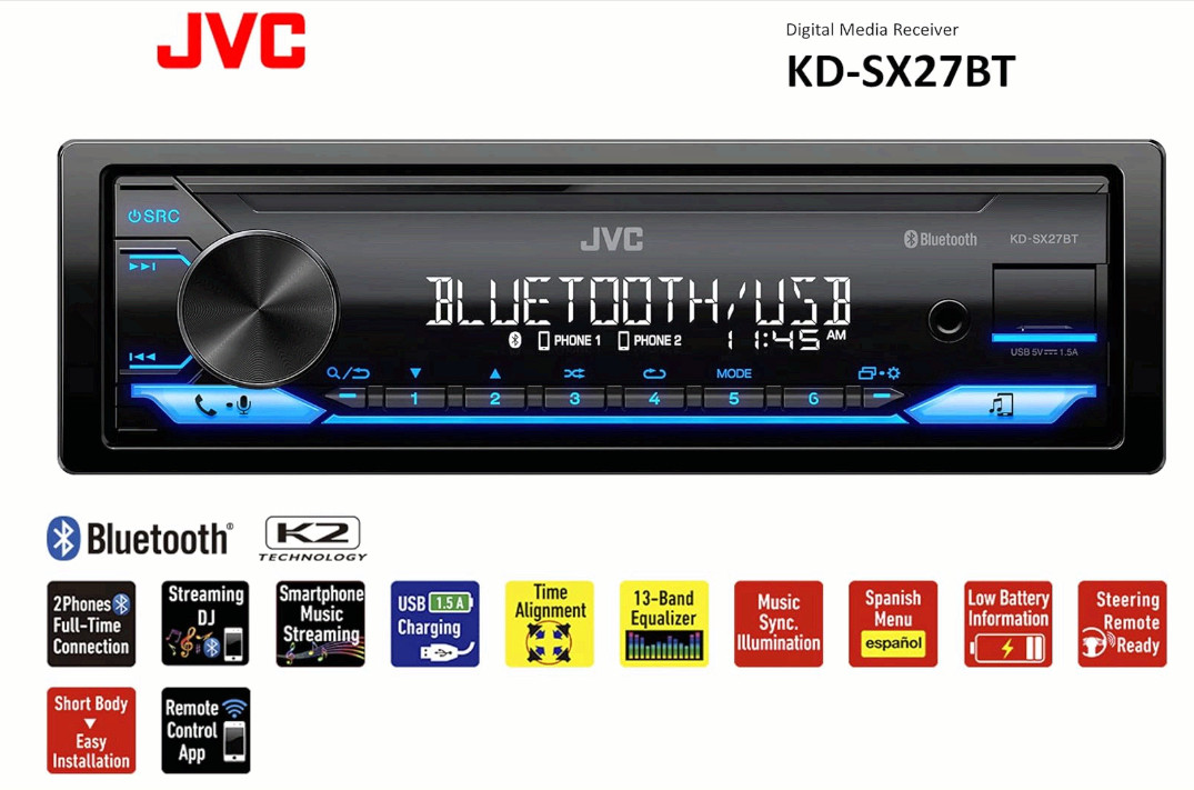 KD-SX27BT Bluetooth Car Stereo, 100W USB/AUX Single DIN Receiver