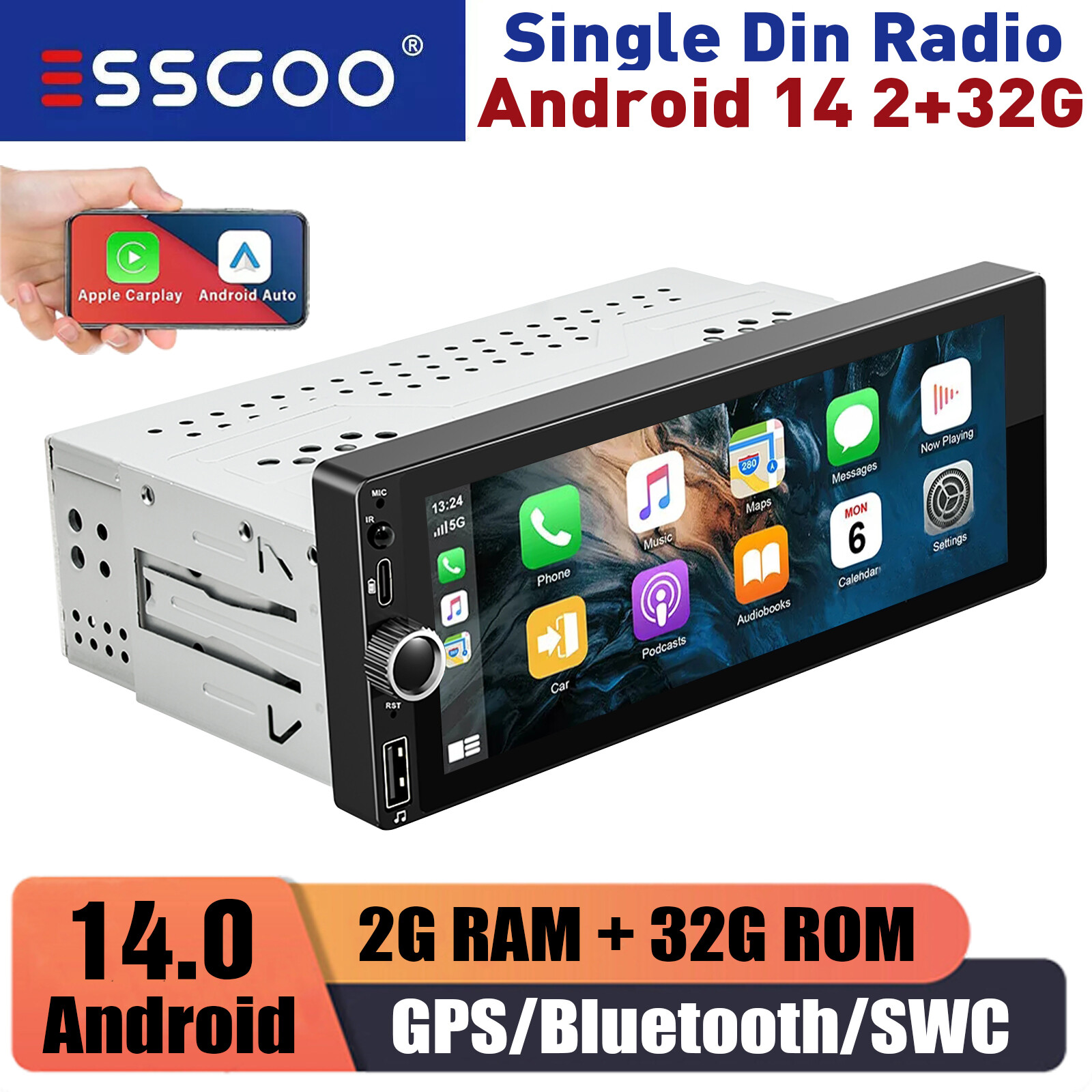 6.9″ Single Din Android 14 Car Stereo Wireless Apple CarPlay Bluetooth Radio USB