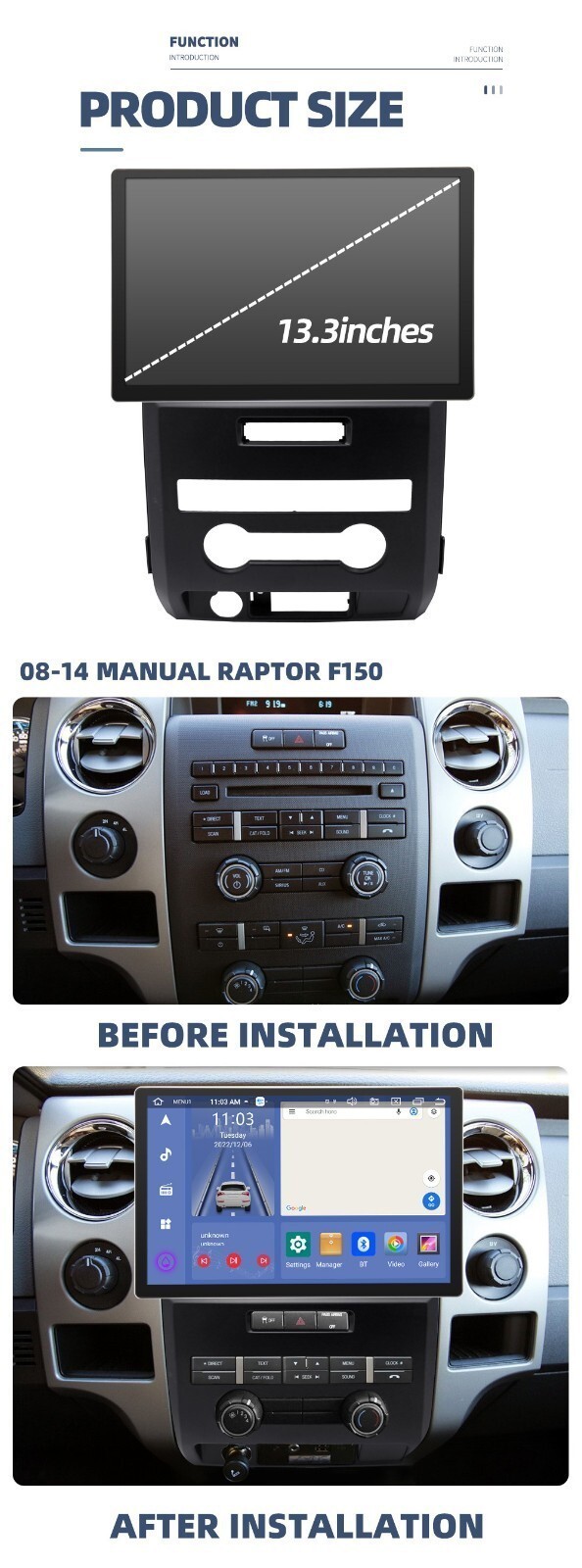 13.3″ Large Screen Car Radio GPS Carplay replace For Ford F150 Raptor 2008-2014