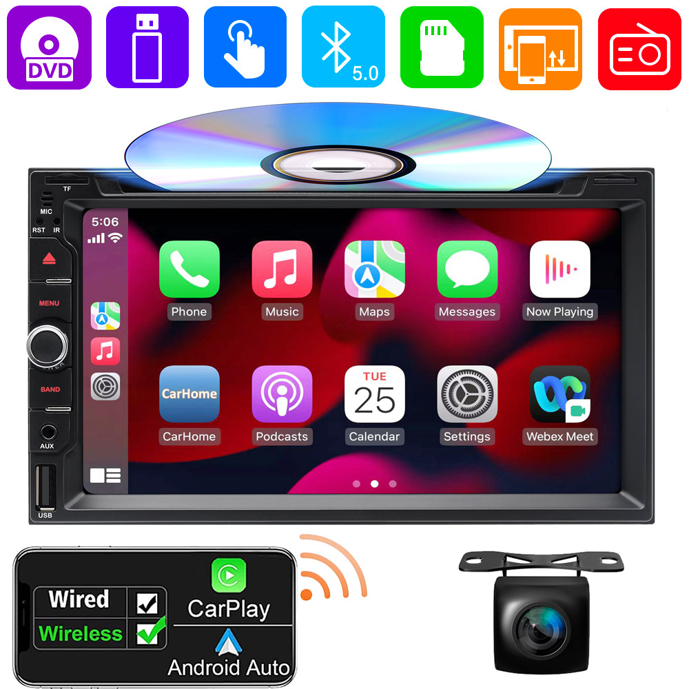 7″ Double 2 Din Car Stereo AM FM Radio DVD Player Bluetooth Wireless CarPlay GPS