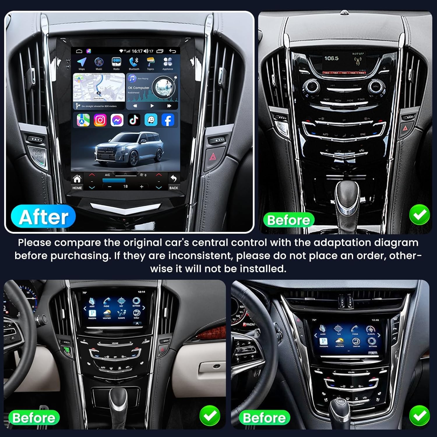 4+64G Stereo Carplay Android Auto for Cadillac ATS XTS SRX CTS 2013-18 Car Radio