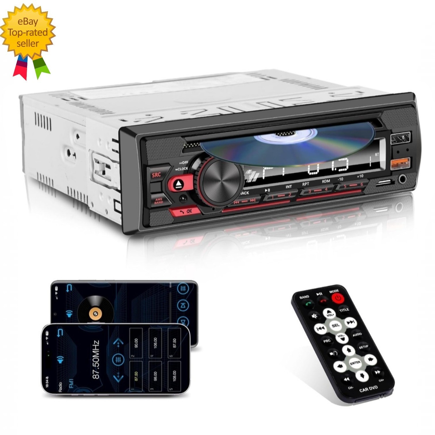 Single DIN CD/DVD Car Stereo – Bluetooth, App Control & 7-Color Backlit Display