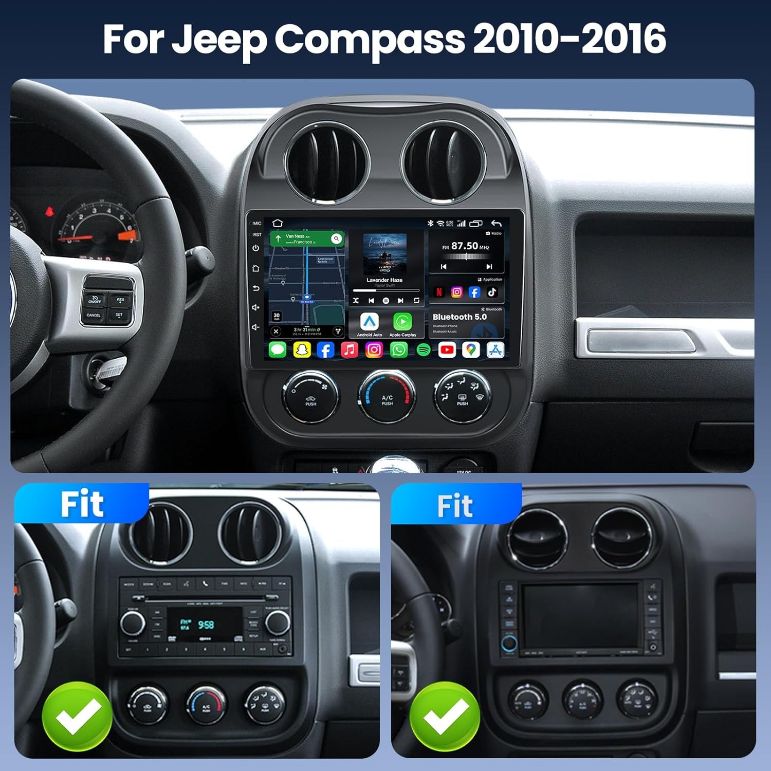 Car Radio GPS Stereo Android Apple Carplay BT For Jeep Patriot Compass 2010-2016