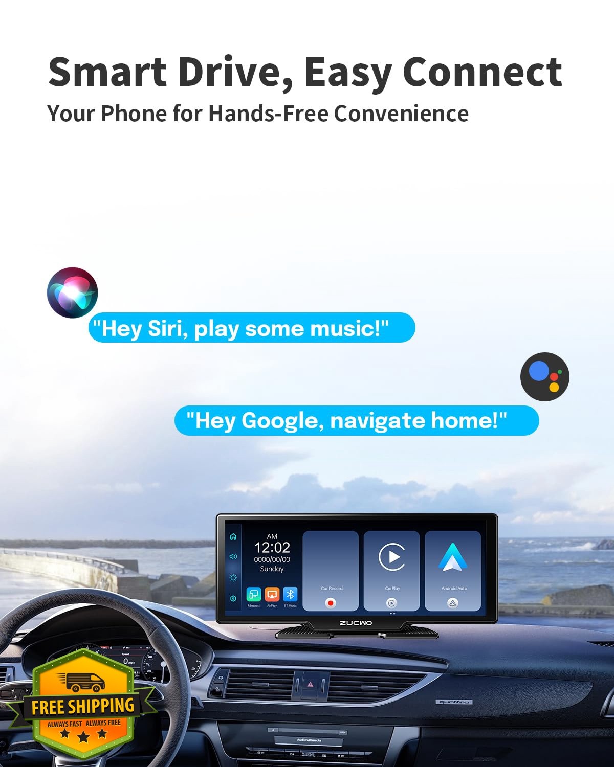 ZUCWO 10.26 Inch Wireless CarPlay Screen Black