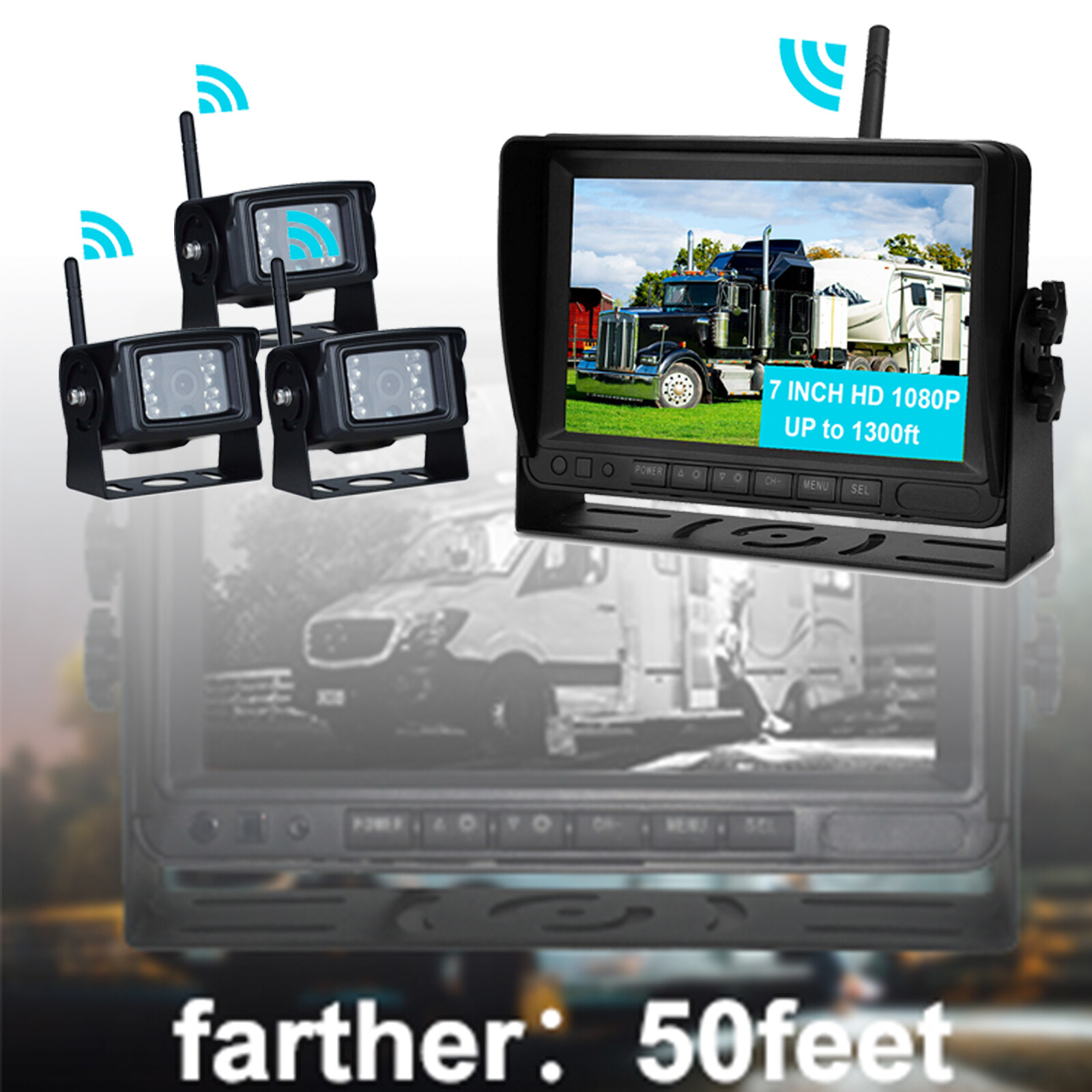 7″ Display AHD 1080P Wireless 3CH Rear View Backup Camera for Truck Trailer US