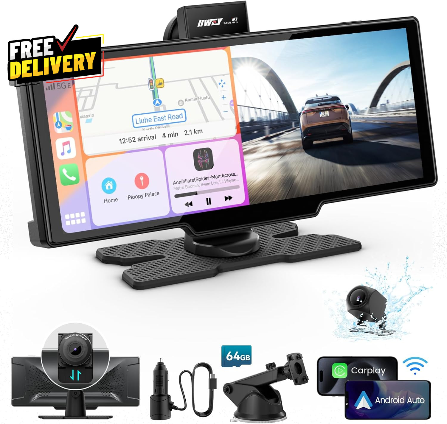 10″ Portable CarPlay Screen Wireless Android Auto 4K Dash Cam Backup Camera