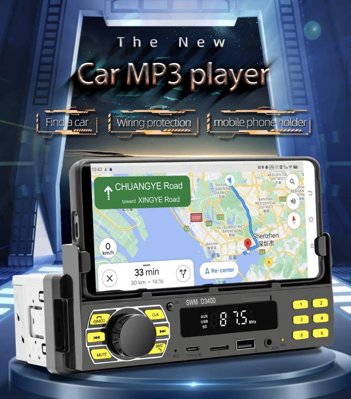 SWM D3400 MP3 Car Player Radio Bluetooth Type-C Charging Phone Holder