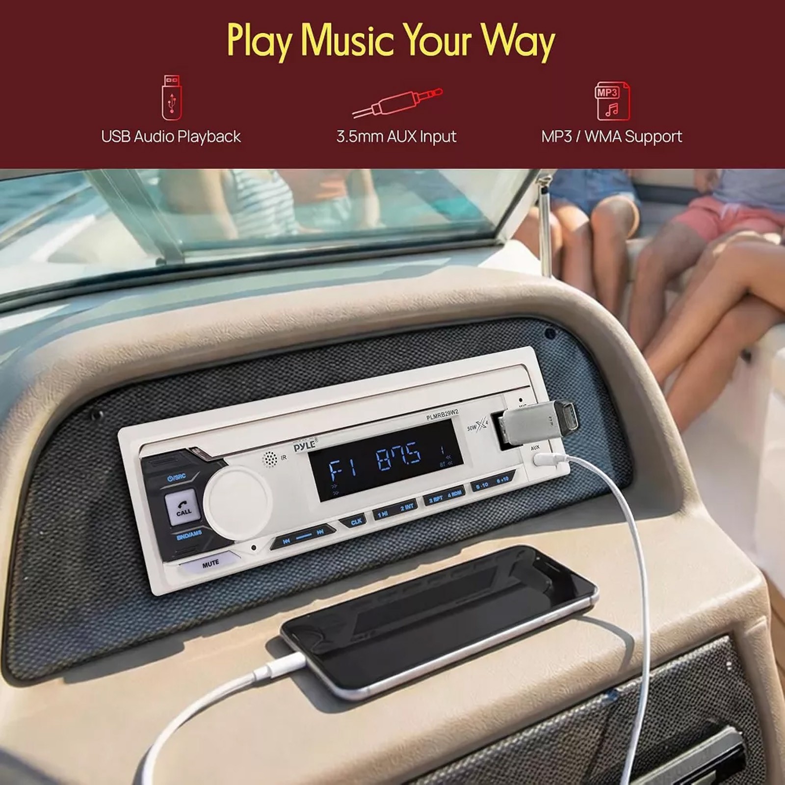 Pyle PLMRB29W2 Single DIN Marine Bluetooth USB/AUX MP3 In-Dash White Receiver