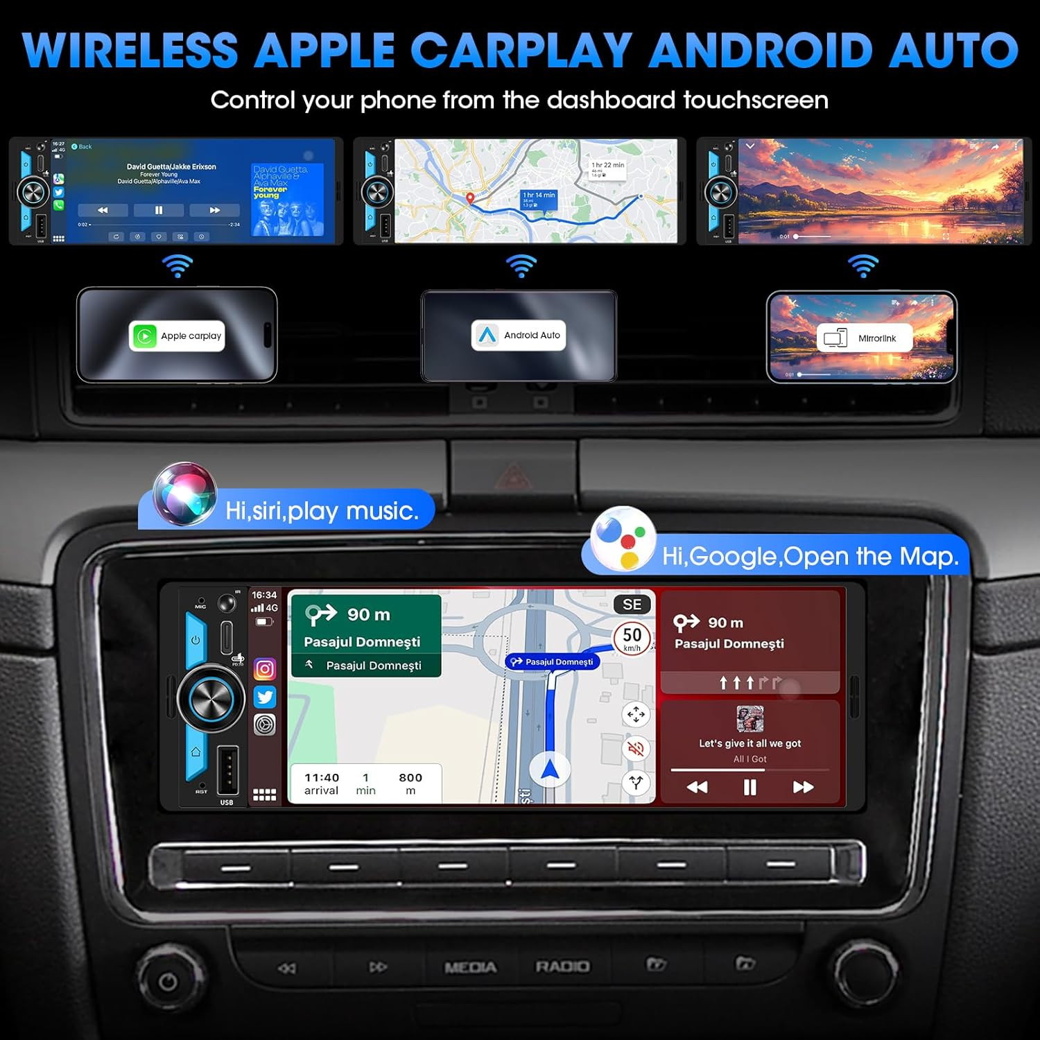 Compact Single Din Radio with 300W Power, Subwoofer Outputs & Voice Assist