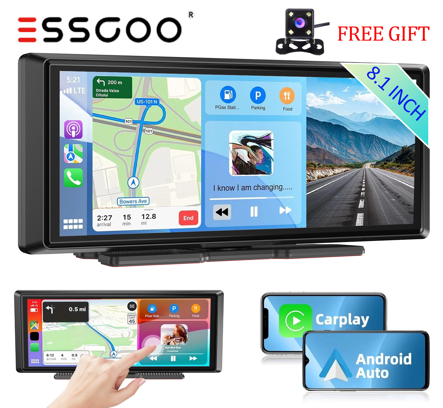 8.1″ Large Screen Portable Carplay Android Auto With Cam Car Stereo SAT NAV BT