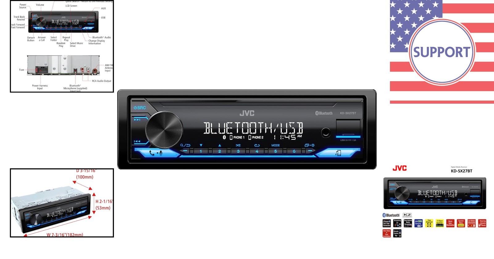 KD-SX27BT Bluetooth Car Stereo: 100W Digital Receiver with USB and App Control