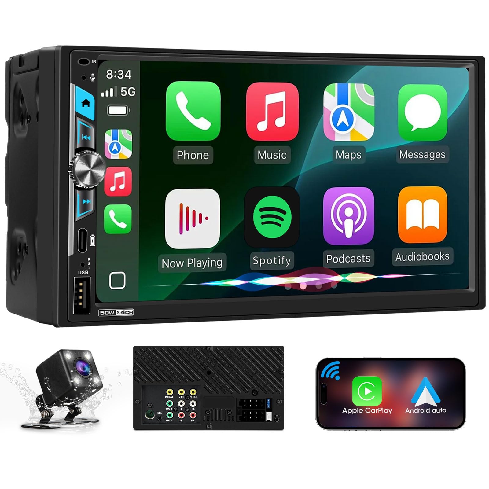 7″ Double Din Touchscreen Stereo – Wireless CarPlay Android Auto Car Radio Re…