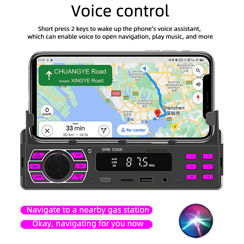 Single 1DIN Car Stereo Radio Voice Control Bluetooth TYPE-C USB FM TF MP3 Player