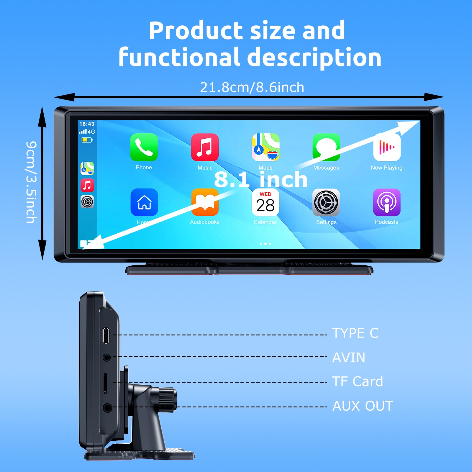 8.1″ Large Screen Portable Carplay Android Auto With Cam Car Stereo SAT NAV BT