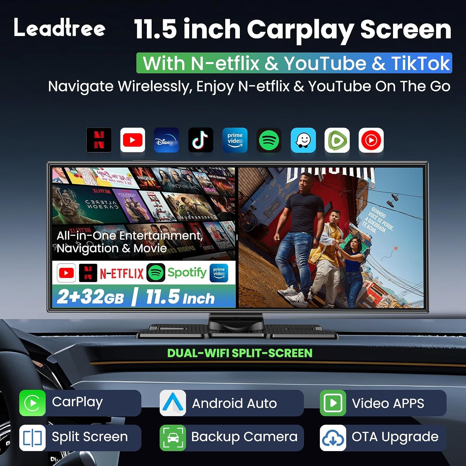Largest 11.5 Inch Wireless Carplay Screen for Car,Built-In N-Etflix/Youtube/Tikt
