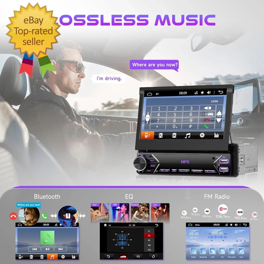 Single Din Flip Out Car Stereo Bluetooth 7 Inch Retractable Touch Screen Car Rad