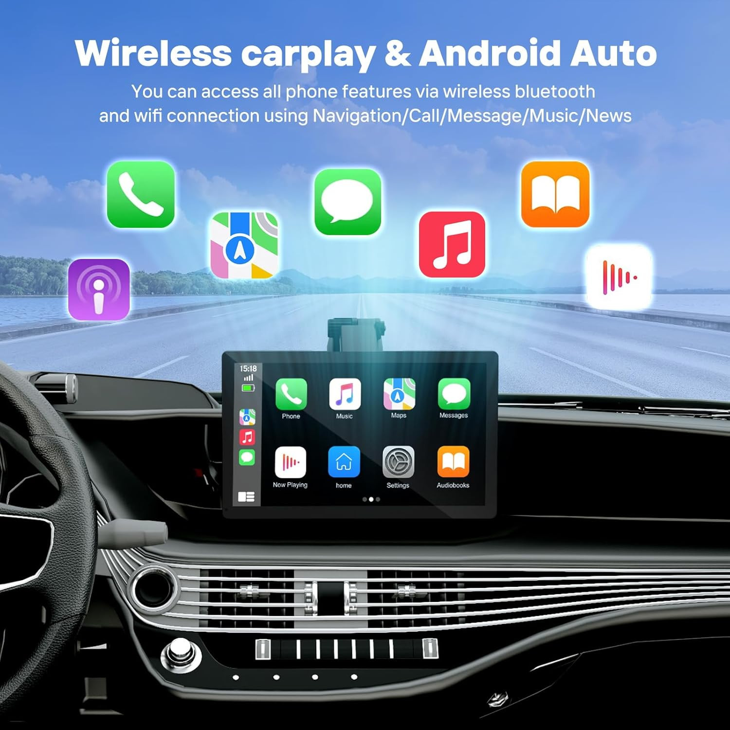 9″ Wireless Apple Carplay Screen for Car with 4K Dash Cam, Portable Apple Carpla