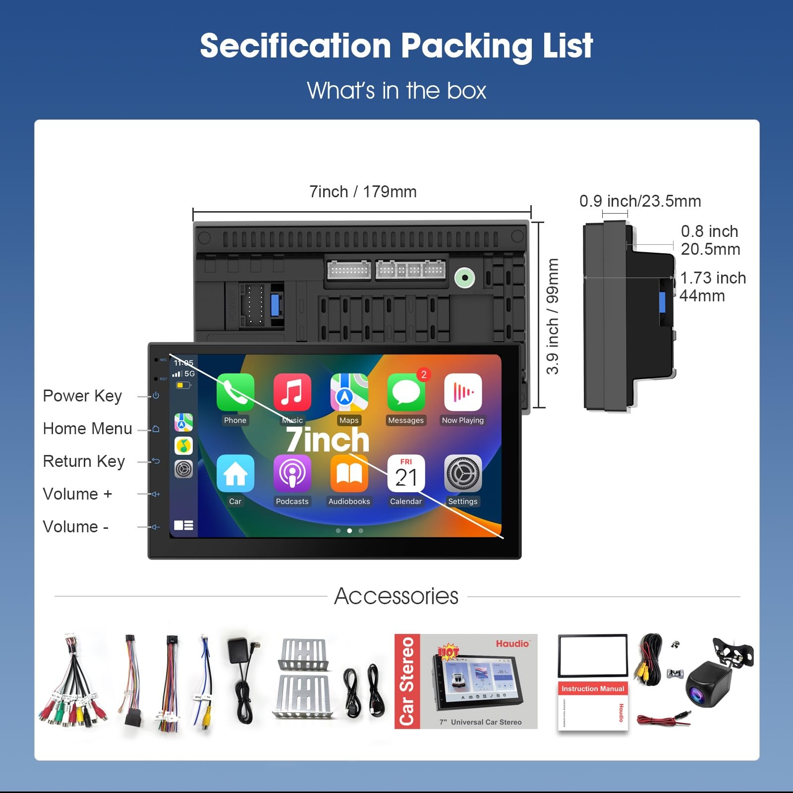 Wireless CarPlay & Android Auto 7″ Touchscreen Stereo with Backup Camera 2+32GB
